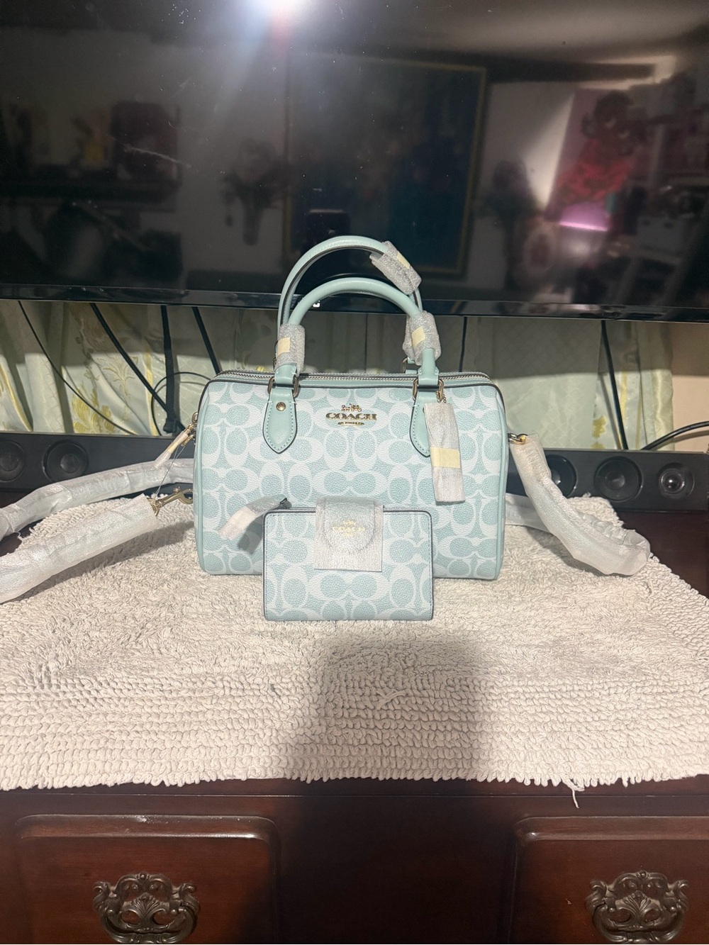 Authentic CEY39 Coach Light Blue Signature Satchel and Wallet Set